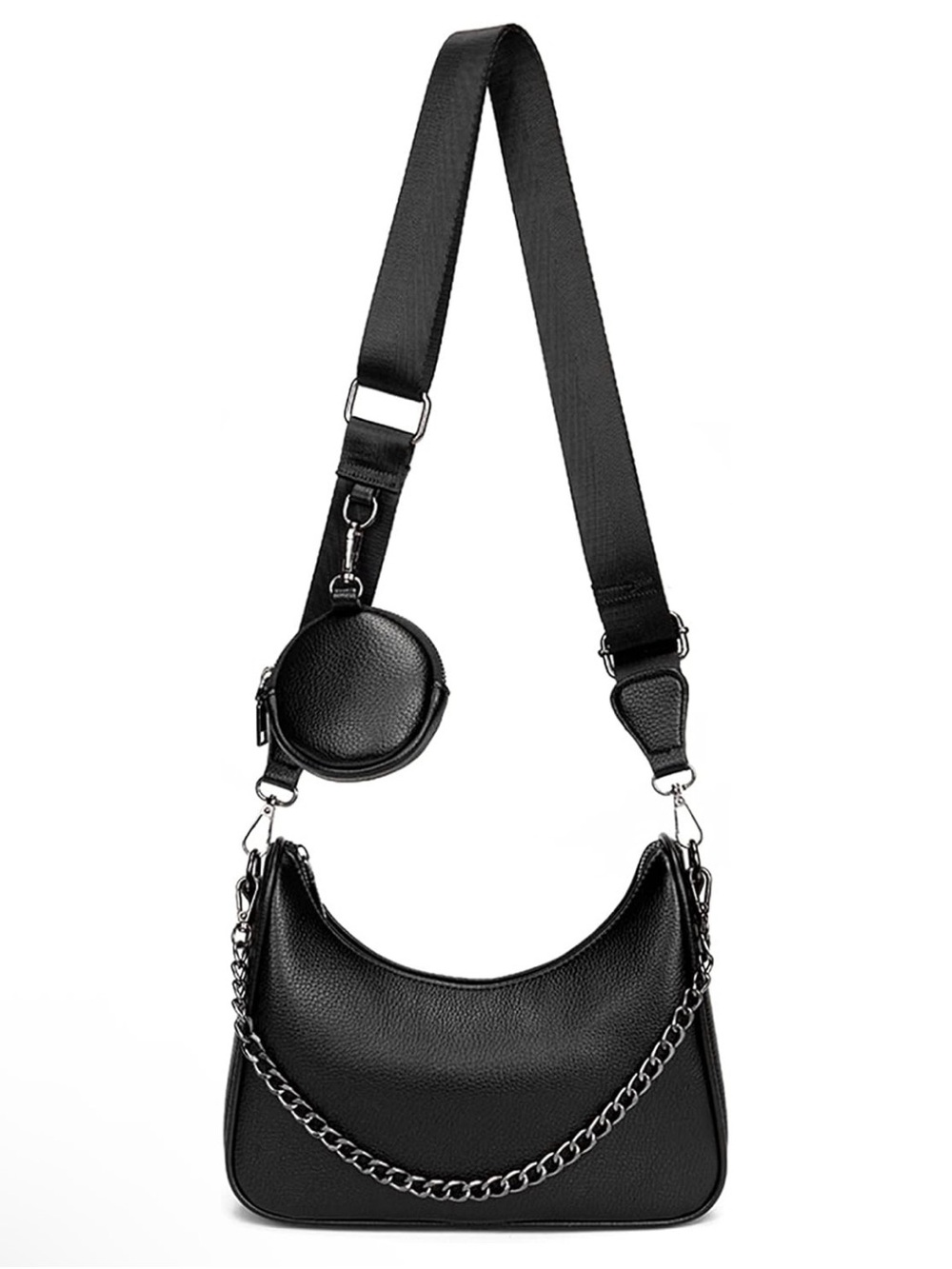 Black Multi Chain Crossbody Bag Shoulder Handbag Quilted Silver Hardware